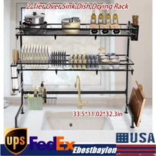 2-Tier Over Sink Dish Drying Rack Cutlery Drainer Kitchen Cup Organizer 82cm NEW