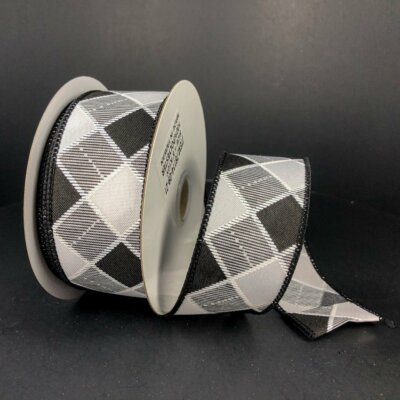 Bonnie Check Ribbon Black White 1 1/2'' Wired 10 Yards (FREE SHIPPING) #40921012