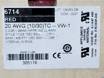Alpha Wire 6714 #20awg EcoWire mPPE Tinned Copper Hook Up Wire 600V Red /50ft