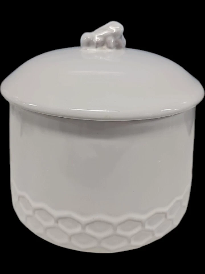 Bote de terracota blanco umbral con tapa diseño ABEJA Y COLMENA 5,25" H X 5,5" D Foto 4 de 4