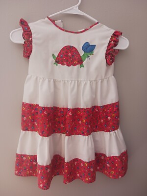 VTG Turtle Toddler 3T 4T ? Dress Cotton White Red Floral Tiered Cottage NANNETTE