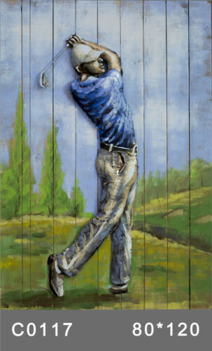 Golfeur peinture à l'huile 3D décoration murale métal et bois toile décoration bureau à domicile - Photo 1/4