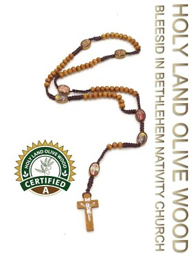 Olive Wood Rosary Icon Holy Jerusalem land Catholic Crucifix Necklace Cross Bead