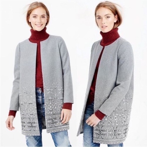 New! J. Crew Collection grey cocoon beaded Melton Wool embellished coat size 10