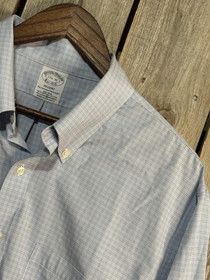 Brooks Brothers Regent Button Up Shirt Men 17.5-35 Blue Check Non Iron Supima