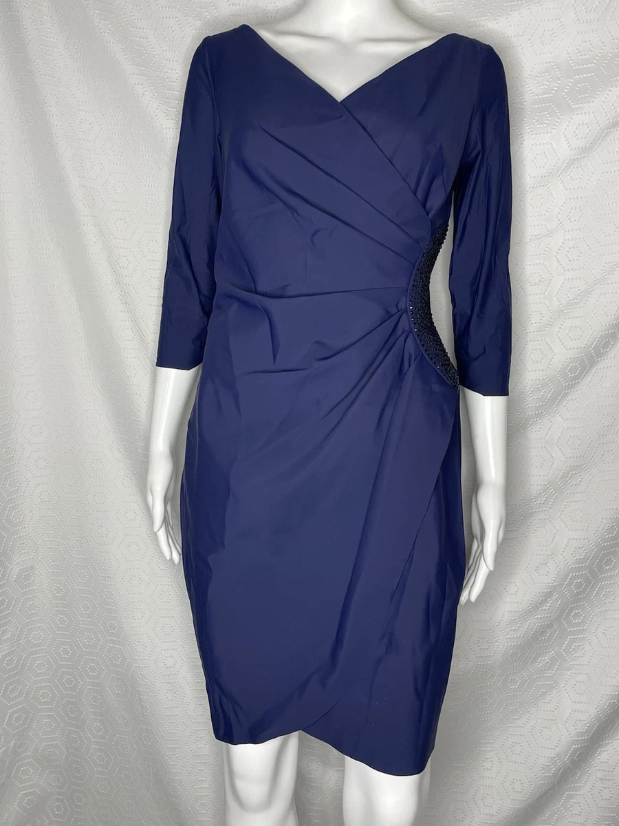 sachin and babi light blue dress Alex Evenings Womens Slimming Short Sheath 3/4 Sleeve Dress with Surplus  Neckline 6 Sky Blue