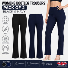 2 Pack Women's Bootcut Trousers Stretch Ribbed Pull On Pants Soft High Waist Boo