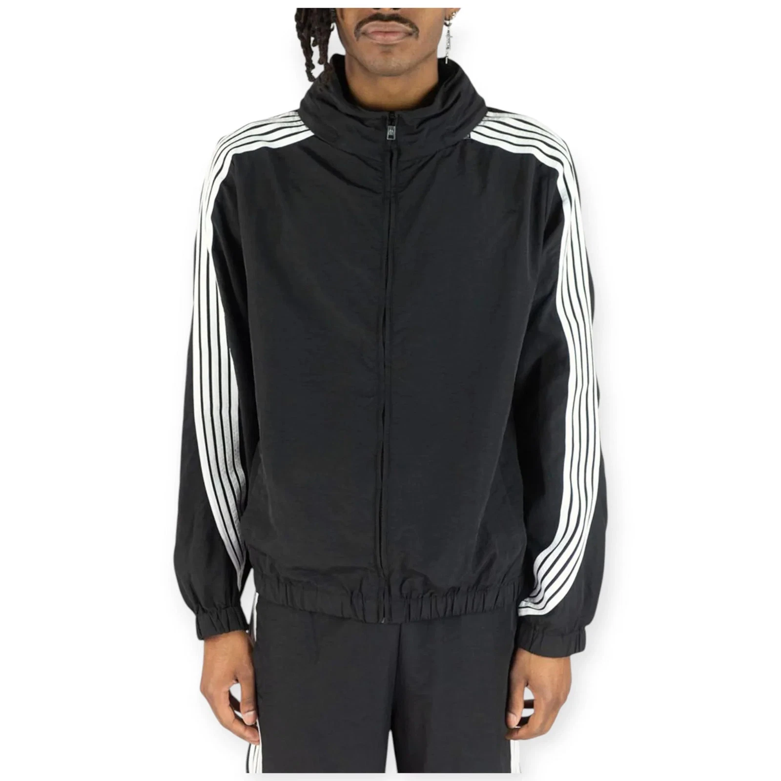 Rebel Minds Men Bent Stripes Nylon Windbreaker Jacket (Black)