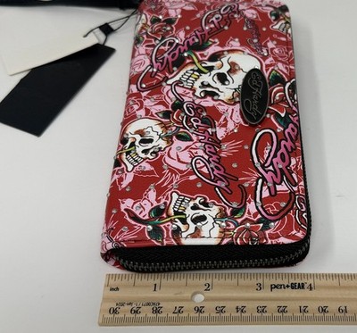 Ed Hardy Zip Around Wallet Wristlet Pink/Black Skulls Roses