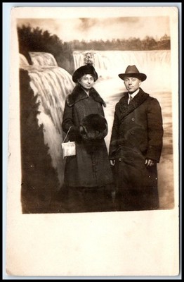 Postcard RPPC Man Woman With Muffler In Front Of Waterfall Set   M112