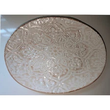 Melamine-Style Embossed Floral Plate Beige White Gold Trim Medallion Design