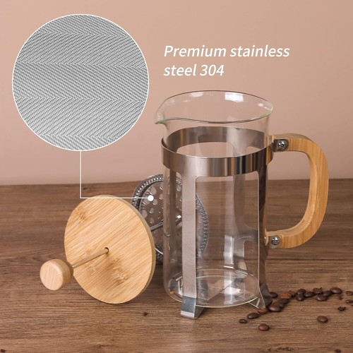 Elegante caffettiera pressa francese 34 oz con coperchio in bambù e struttura in acciaio inox - Foto 7 di 10