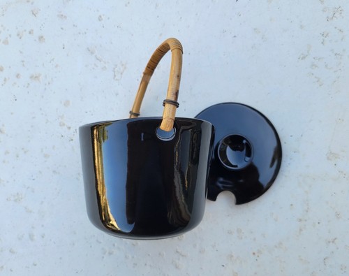 RARE BLACK ARABIA POTTERY SUGAR BOWL WITH CANE HANDLE 10-66 FINLAND c1960s - Picture 7 of 9