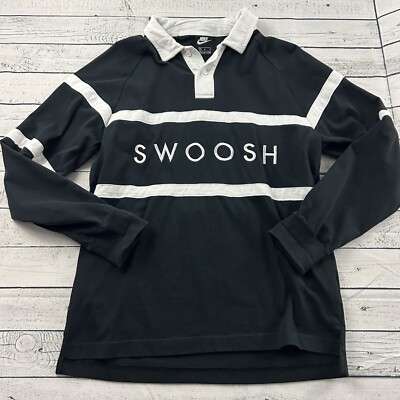 Nike Swoosh Long Sleeve Button Front Rugby Shirt Men's Medium Black