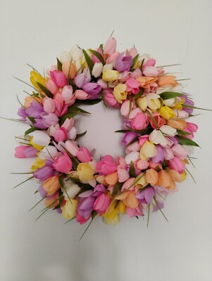 17 Inch Tulip Wreath for Front Door, Spring Summer Silk Wreath
