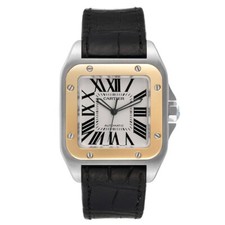 Cartier Santos 100 XL 18kt Yellow Gold & SS W20072X7 2656 Silver Opaline Roman