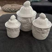 Vintage White Ceramic 3 Piece Canister Set Coffee Tea Sugar Storage Grapes/Fruit