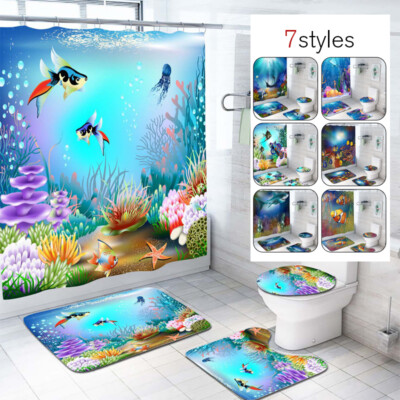 3D Ocean Goldfish Shower Curtain Bathroom Rug Set Non Slip Bath Mat Toilet