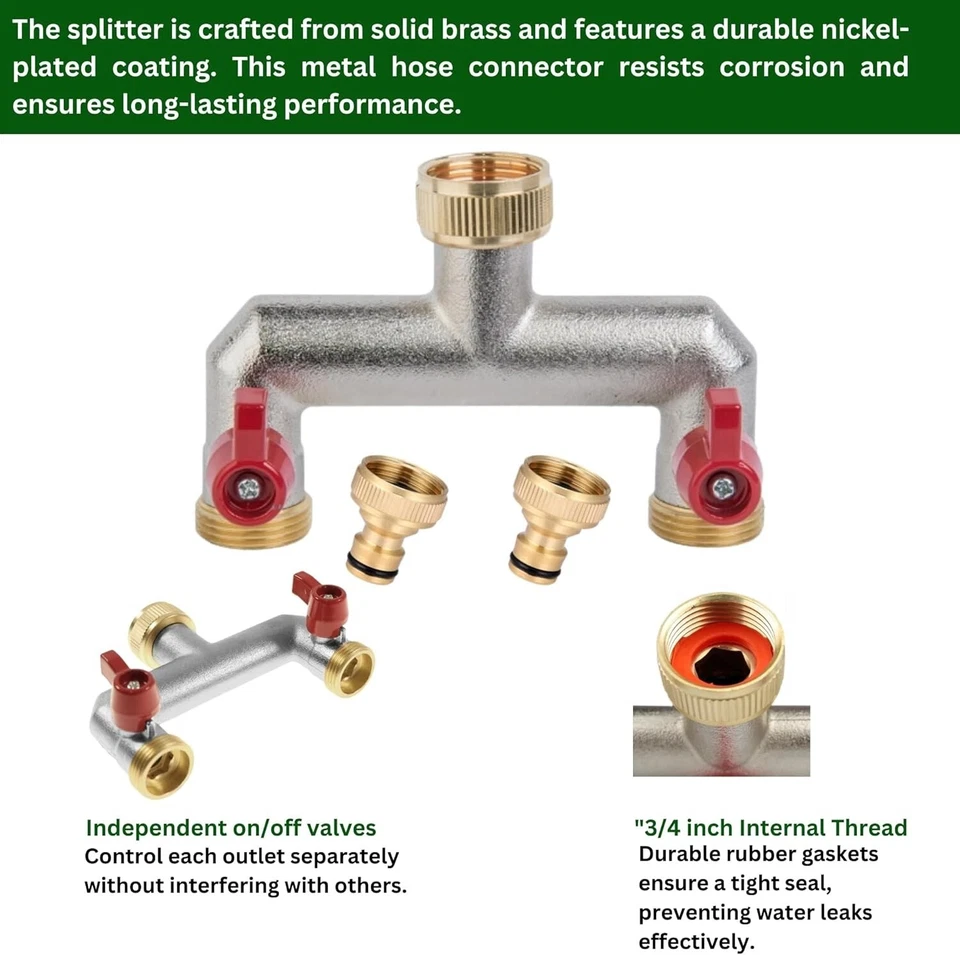 Tap Hose Splitter Brass 2-Way – 2 Faucet Adapters PTFE Tape & 3/4" Tap Connector - Image 3 of 4