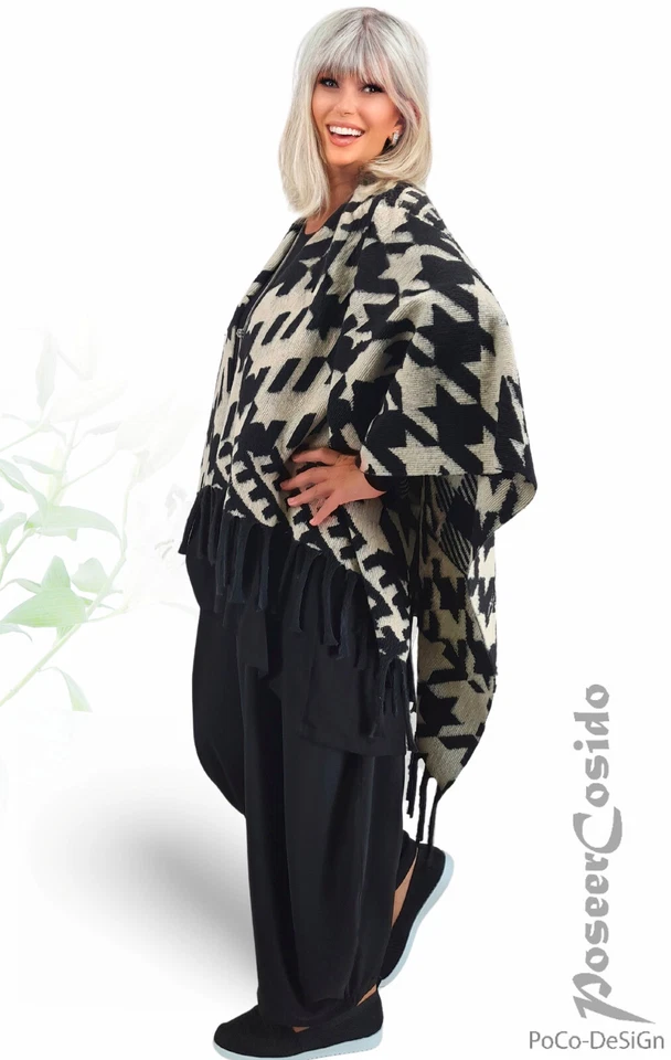 LAGENLOOK Poncho Pullover Überwurf Jacke 42 44 46 48 50 52 54 56 58 schwarz ecru - Bild 3 von 4
