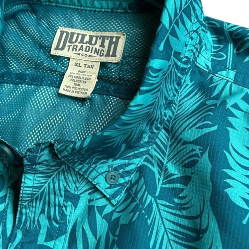 Duluth Trading Hawaiian Tiki Shirt Mens Sz XLT (XL Tall) Green Blue Button Front