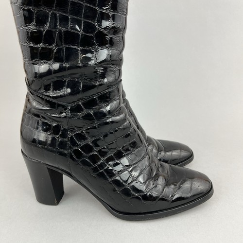 Hobbs Black Croc Leather Zip Pull On Heeled Dress Knee High Boots Size EU38 UK5 - Picture 8 of 15