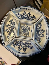 Asian Porcelain 5 pc Divided Appetizer Dish Tray Serving Ornate Blue White Dip
