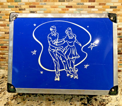 Vintage Blue Metal Roller Skate Case 15  X 11  X6   Metal Latches,  Lined, Key