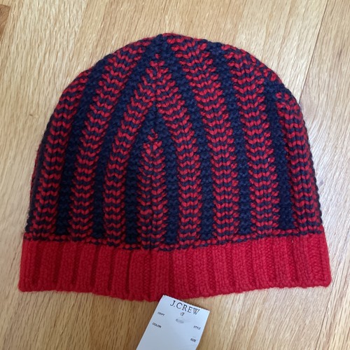 J. Crew Women's Knit Beanie Hat Navy Blue Red Striped NEW With Tags