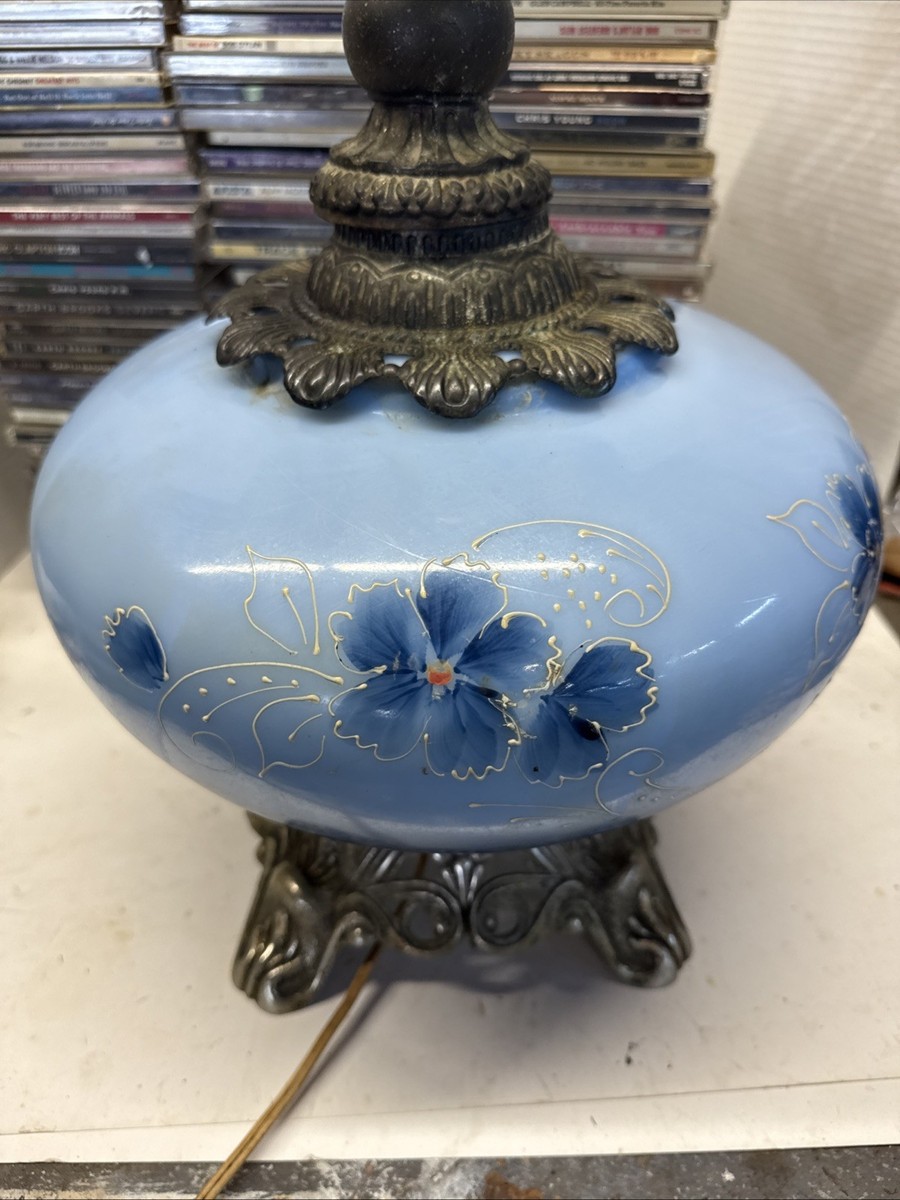 Vintage Accurate Casting Co. Hurricane Floral Milk Glass Blue Lamp