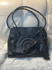 PATRICIA NASH Bag Large Paris Tooled Leather Tassel Studded Satchel Black