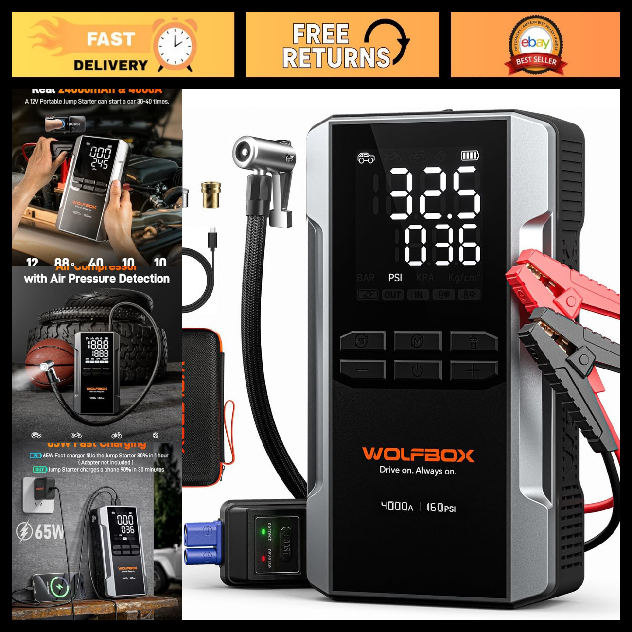 4000A Jump Starter with 160PSI Air Compressor, Portable Battery Booster, Tire In