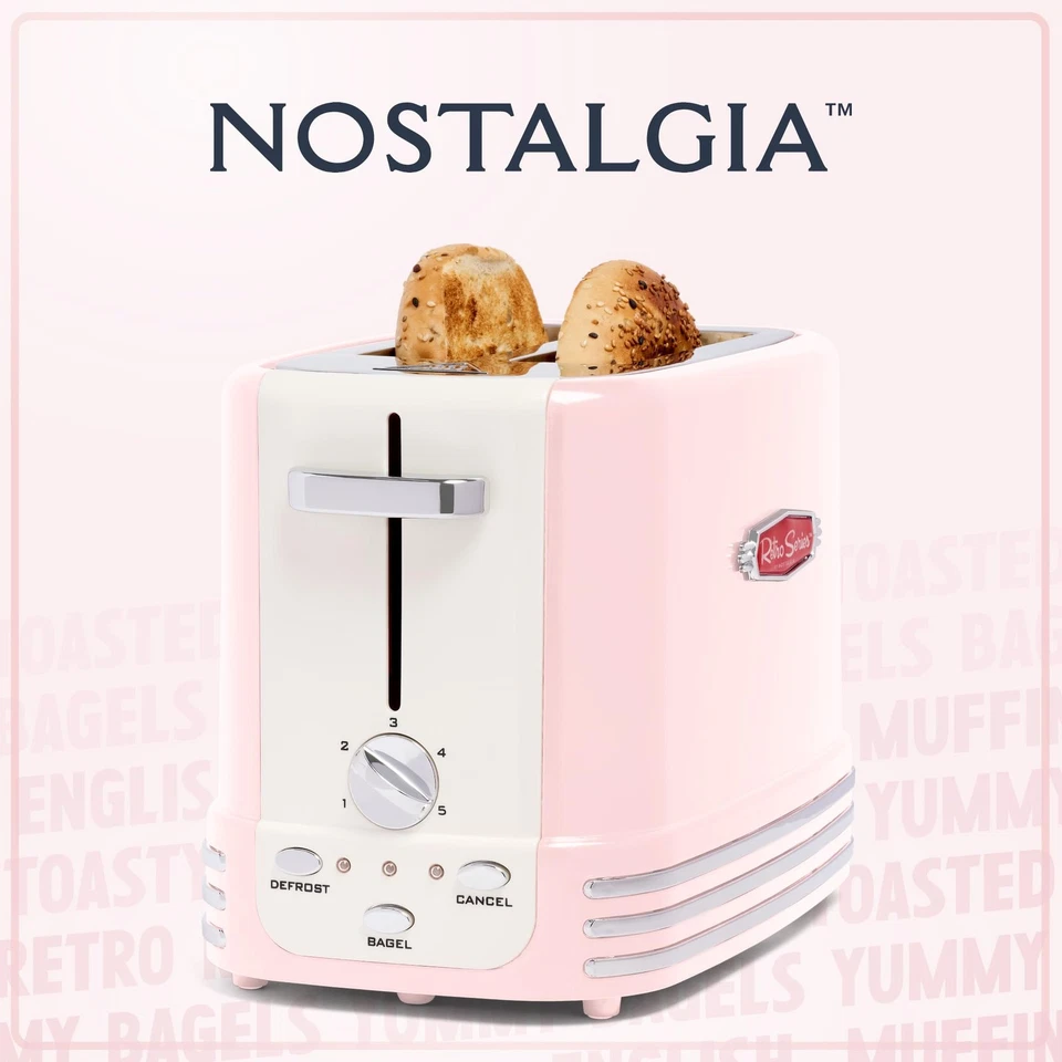 Nostalgia Retro Wide 2-Slice Toaster, Vintage Design With Crumb Tray, Pink - Image 3 of 4