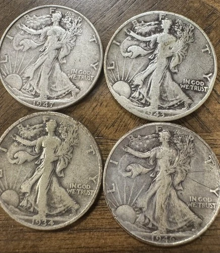Lot of 4 Walking Liberty Silver Half Dollars 1934, 1943-D 1946 1947 Silver.