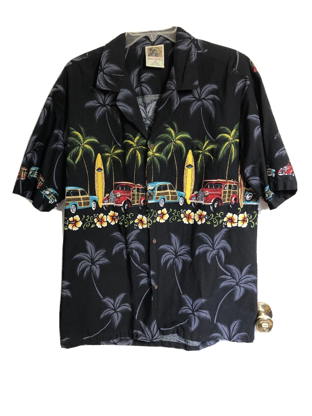 Winnie Fashion Hawaiian Shirt Mens XL Black Surfboards Woody Cars Palms