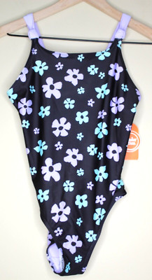 Wonder Nation Girls Printed 1PC  Swimsuit Floral Black Soot Size L (10-12)