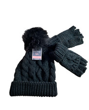 West Loop Beanie Hat Glove Set Girls Black Sparkle Hat Gloves Open Fingers
