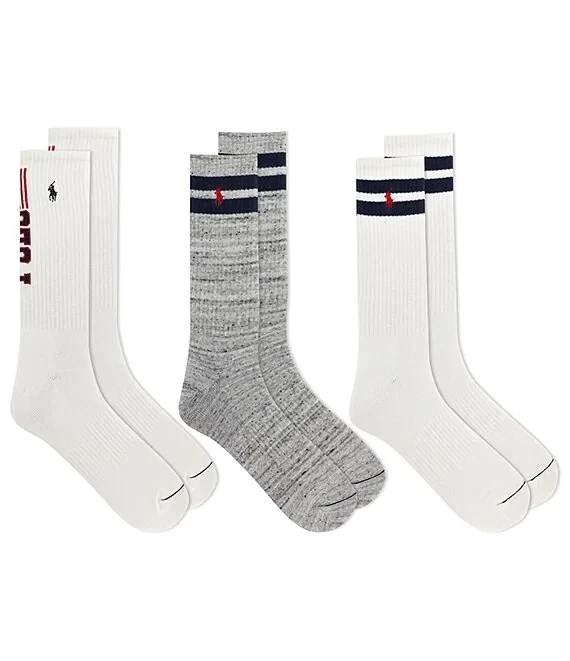 NWT Polo Ralph Lauren 3 PAIRS White/Gray Sport Socks Men's 10-13 LOGO/PONY/FLAG