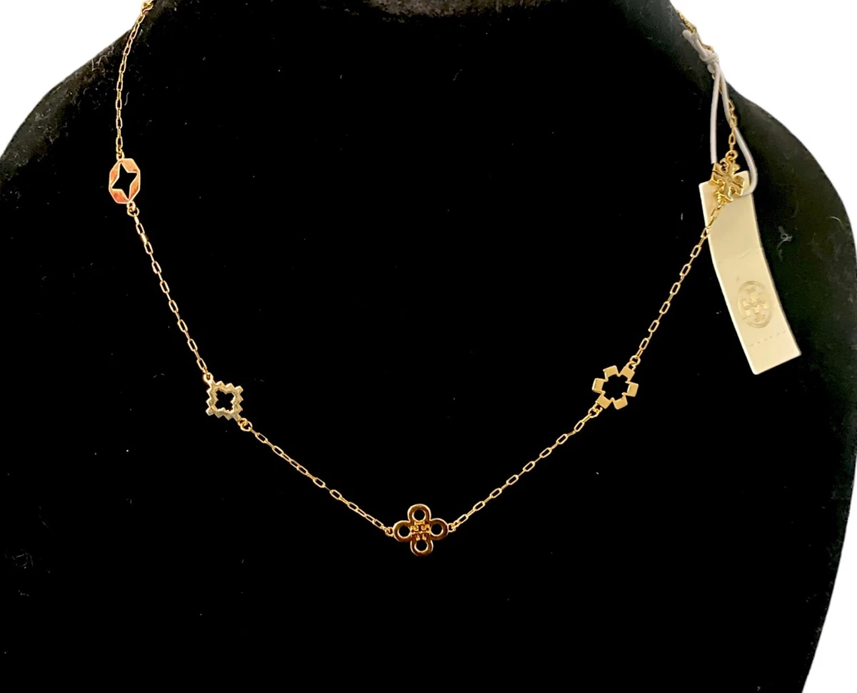Auth NEW Stunning Tory Burch KIRA Gold Clover Necklace 18