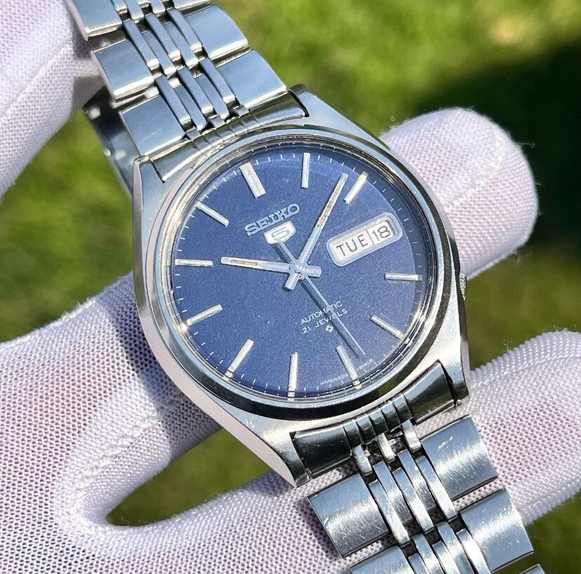 Rare Vintage Seiko 5 Automatic Navy Blue Dress Formal Japan Men