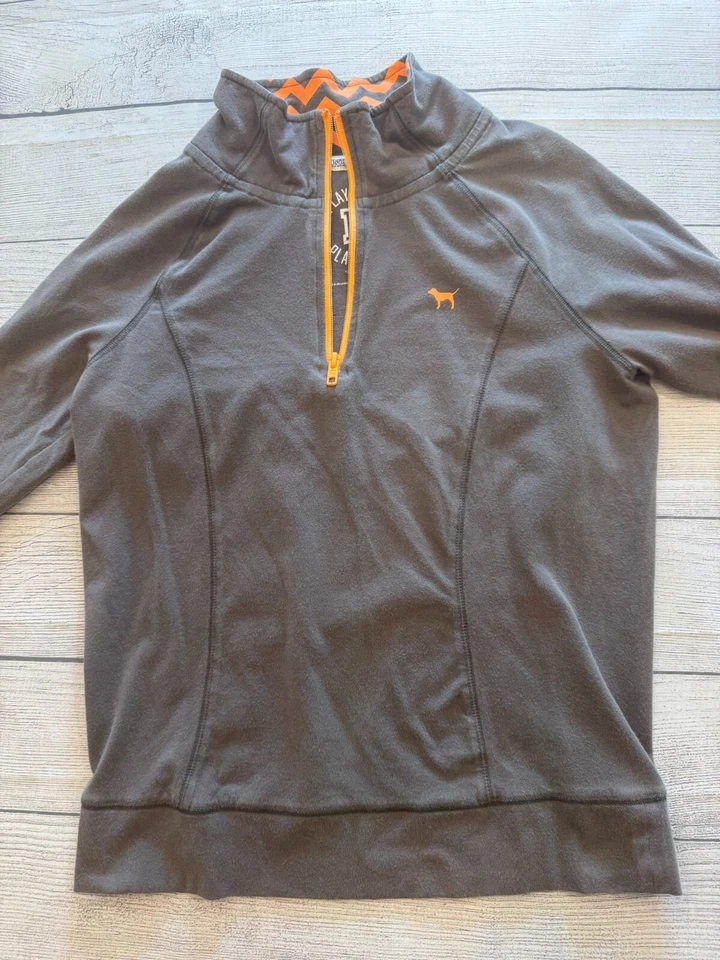 粉红色维多利亚的秘密女式小号灰色 1/4 拉链橙色标志运动休闲针织 — 第 3/4 张图片