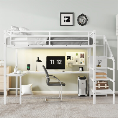 Queen Size Metal Loft Bed with L-Shaped Desk/Wardrobe/LED Light & Storage Stairs