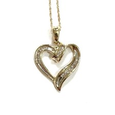 Natural Diamond Solid 10k Two-Tone White  Yellow Gold Heart Pendant Necklace