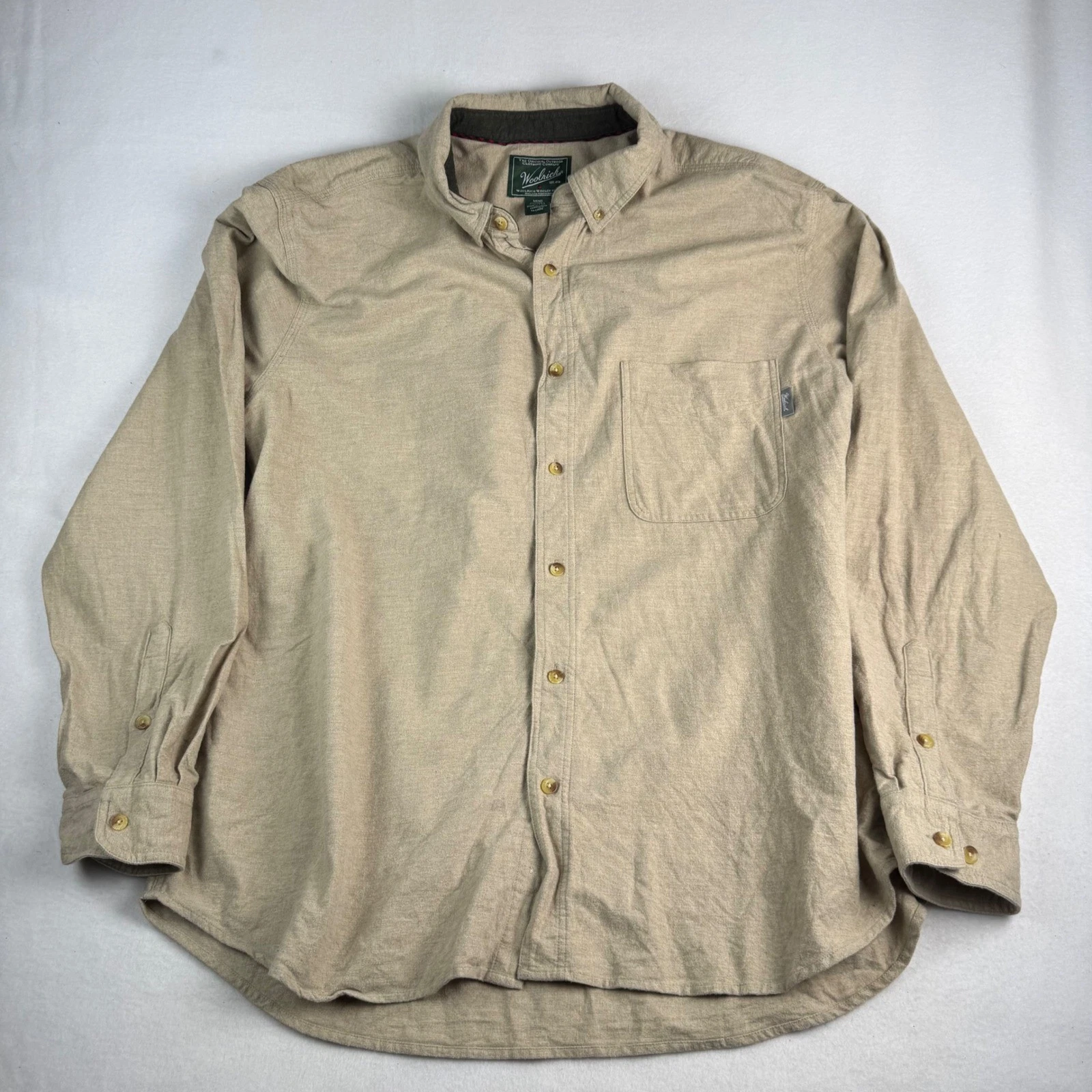 Woolrich Mens XXL Tan Khaki Flannel Button Down Shirt Long Sleeve Outdoor Rugged