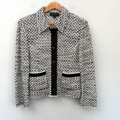 St John Collection Knit Blazer Size 14 White Black Button Down Career