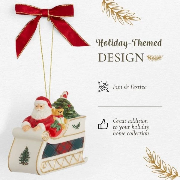 Spode Santa En Trineo Adorno - Festivo Navidad Vacaciones Colgante Decoración Acento Foto 3 de 4
