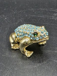 Keren Kopal Gold Frog Decorated with Blue Crystals Trinket Box Rare