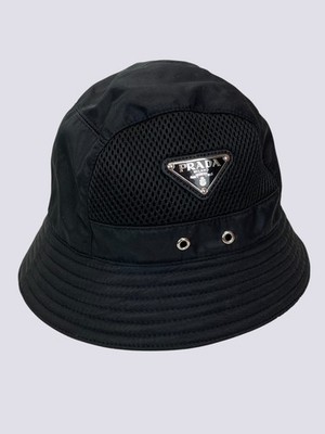 Prada Triangle Logo Nylon Mesh Panel Bucket Hat Black Size M