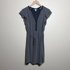 HM Navy Blue Scallop Print Flutter Sleeve Drawstring Waist Dress 12 Office Event