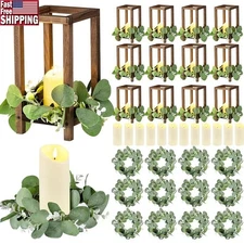 Wooden Lanterns Set W/ LED Candles Eucalyptus Wreaths Rustic Centerpieces Décor